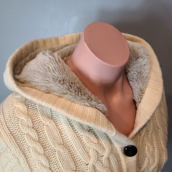 Vtg GAP Sweater Womens Medium Cable Knit Wool Faux Fur Hood Cardigan Chunky Y2K - Picture 11 of 15